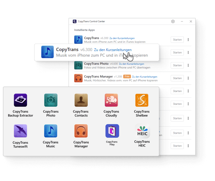 CopyTrans Control Center zu den Kurzanleitungen