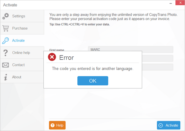 Englische Version mit dem deutsche Code freischalten ist nicht möglich
