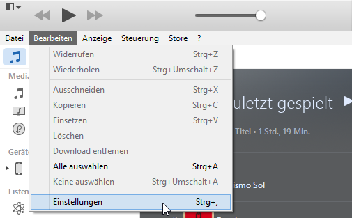 iTunes Einstellungen öffnen