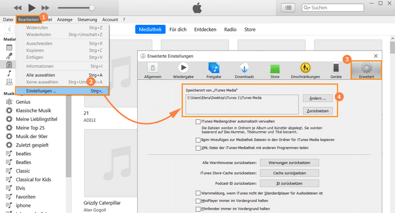 Mediathek iTunes löschen: iTunes Mediathek Speicherort