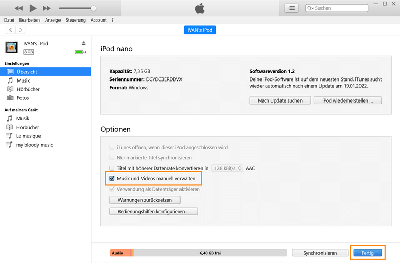 iTunes Musik und Videos manuell verwalten