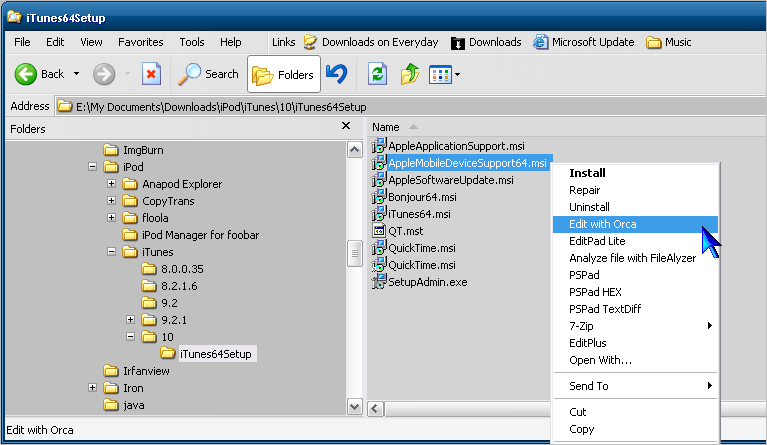 Bearbeiten AppleMobileDeviceSupport64.msi mit Orca