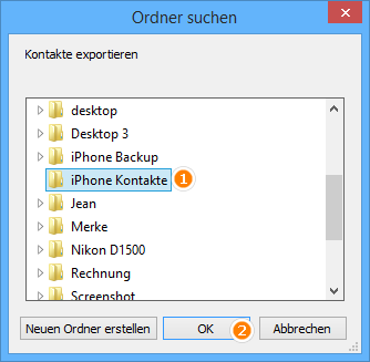 Kontakte exportieren: in den ausgewählten Ordner