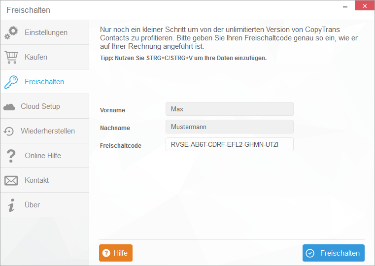 CopyTrans Contacts Freischaltcode eingeben