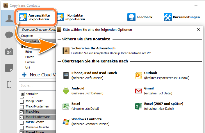 Format von Kontakten auswählen