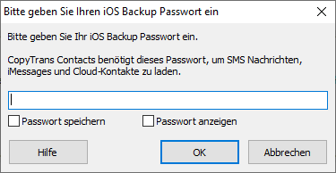Backup Passwort in CopyTrans Contacts eingeben