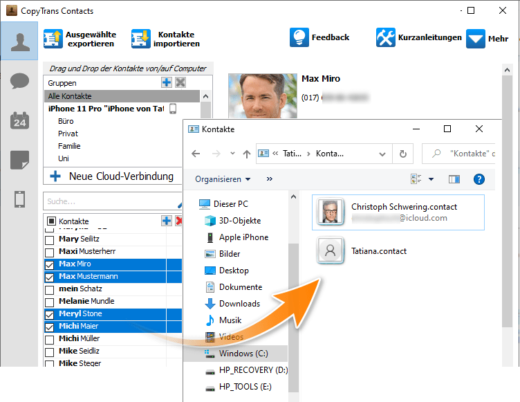 Windows 10 Kontakte in Speicherort übertragen