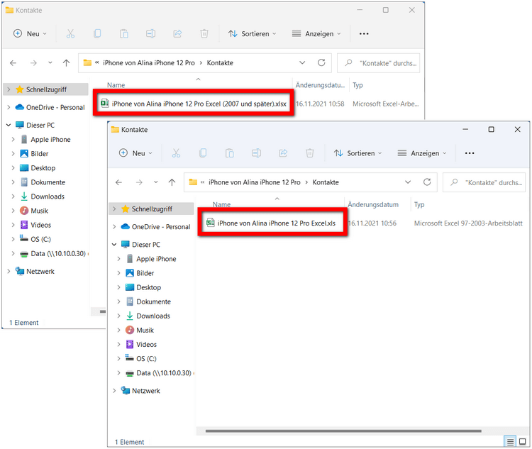 Kontakte iPhone exportieren in Excel