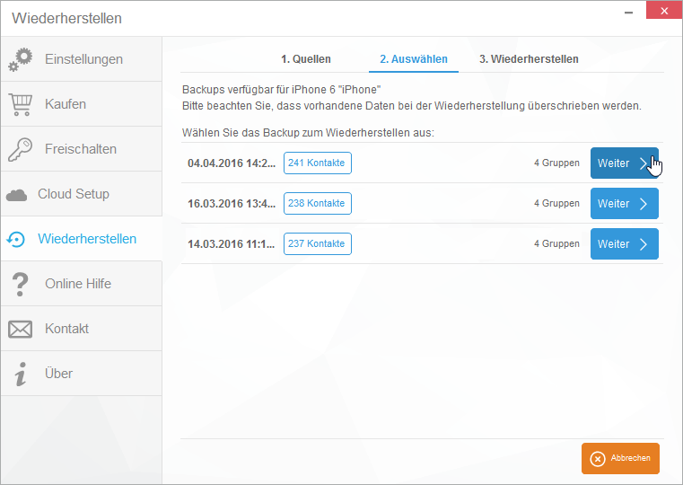 Meine Kontakte wiederherstellen: Backup auswählen