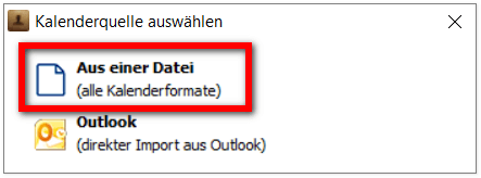 Calendar Datei öffnen und Kalenderquelle auswählen