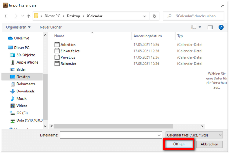 ICS Datei öffnen und ICS Datei Kalender importieren