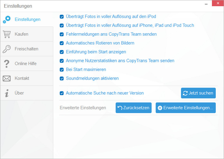 CopyTrans Photo Einstellungen