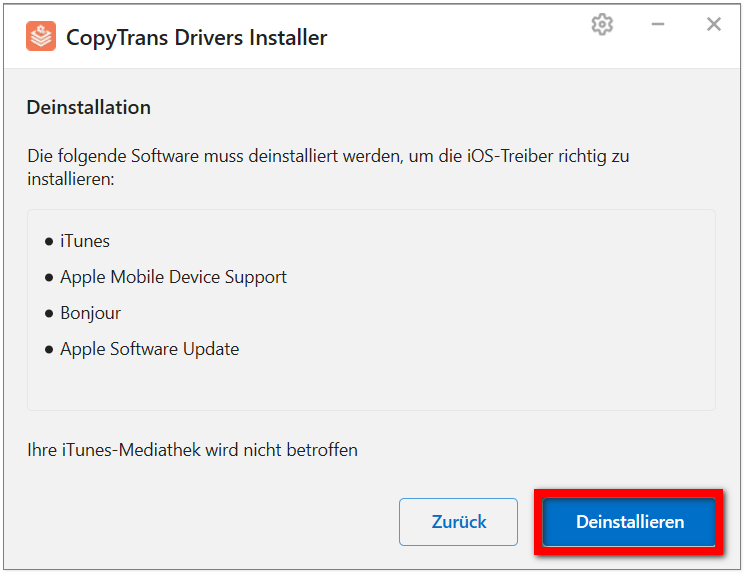 Erst mit CopyTrans Driver Installer iTunes deinstallieren