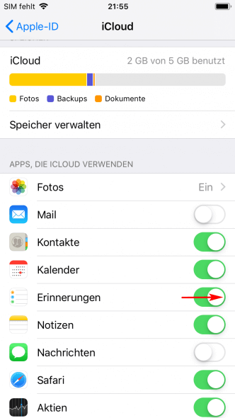 Erinnerungen in iCloud verschieben