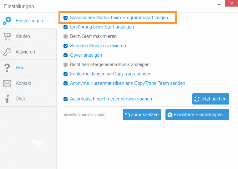 Klassicher Modus in Einstellungen