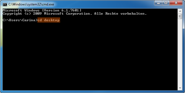 cmd cd desktop im geöffneten Fenster eingeben