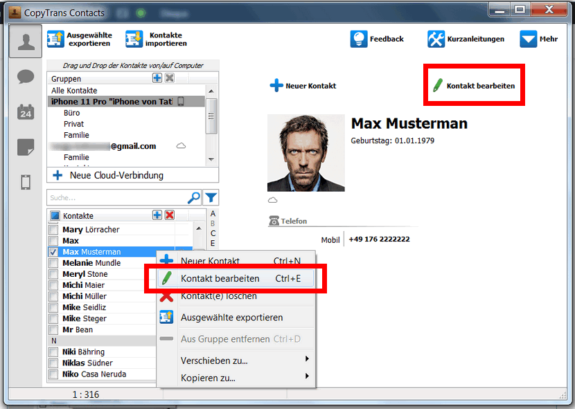 iCloud Kontakte bearbeiten
