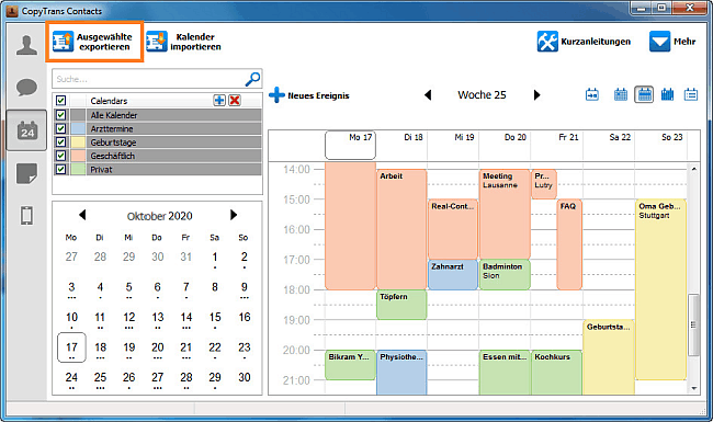 Ausgewählte Kalender exportieren