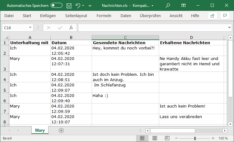 iPhone SMS in Excel exportiert