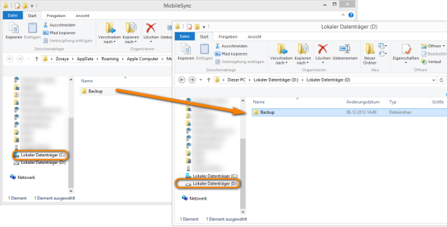 Backup Ordner auf ein anderes Laufwerk verschieben