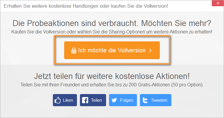 Die Vollversion kaufen, wenn die Probeaktionen zu Ende sind