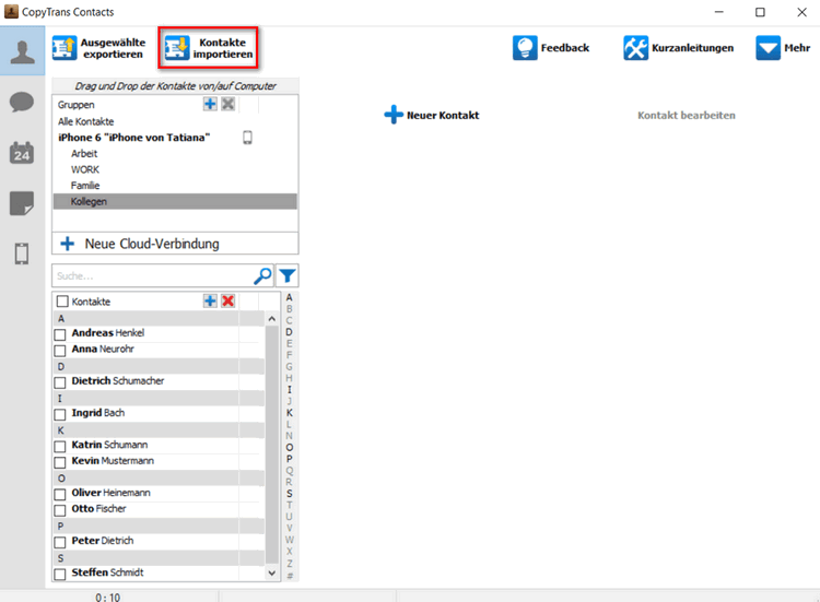 Kontakte werden in CopyTrans Contacts importiert