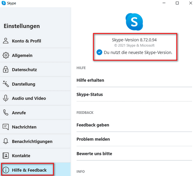 Die Skype-Version in der Einstellungen aktualisieren