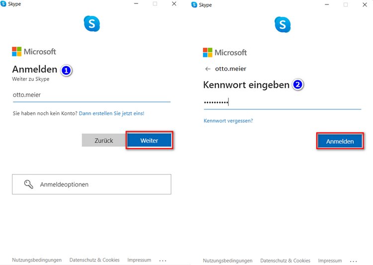 Mit Nutzernamen und Passwort in Skype anmelden