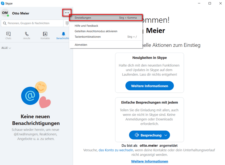 Zu den Einstellungen gehen uns Skype aktualisieren