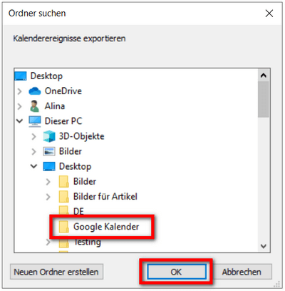 iPhone Termine exportieren und einen Zielordner wählen