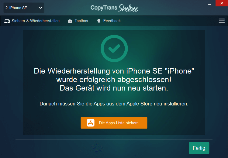 iPhone Kontakte Backup erfolgreich