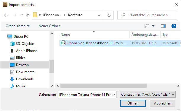 Kontakte aus Excel in iPhone importieren