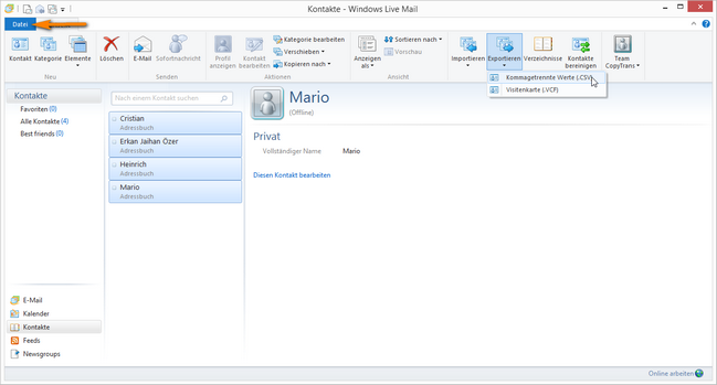 Windows Live Mail Kontakte exportieren