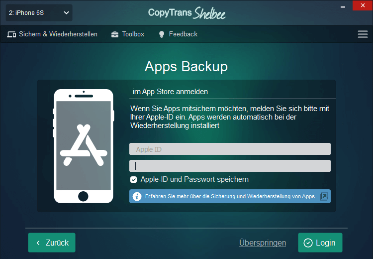 Apps Backup iPhone mit CopyTrans Shelbee