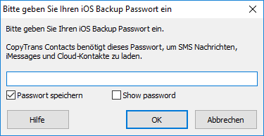 Backup Passwort in CopyTrans Contacts eingeben