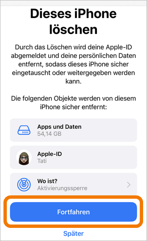 Mit iPhone Löschen fortfahren