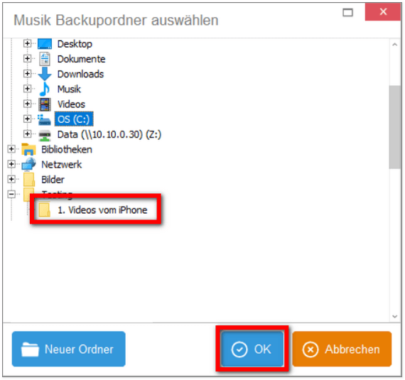 Backupordner für iPhone Videos auswählen