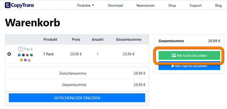 CopyTrans mit einer Kreditkarte bezahlen