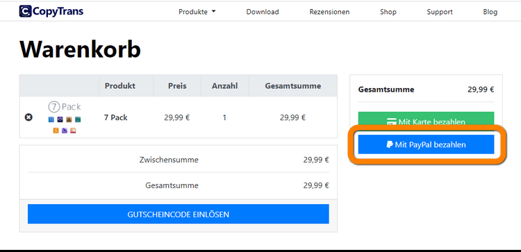 CopyTrans mit PayPal leicht bezahlen