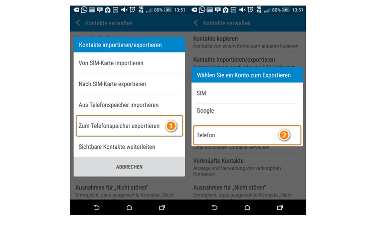 HTC One Kontakte zum Telefonspeicher exportieren