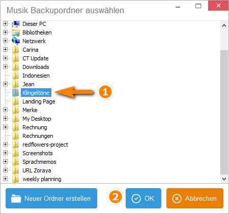 Ordner am PC für Sicherung auswählen