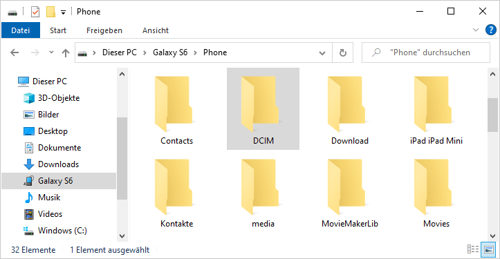 Android Gerätespeicher DCIM auf PC öffnen