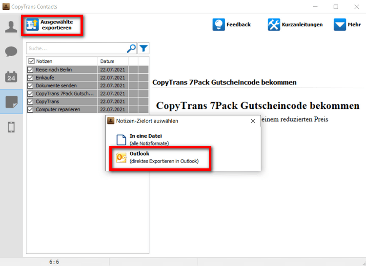 Ausgewählte Notizen in Outlook exportieren