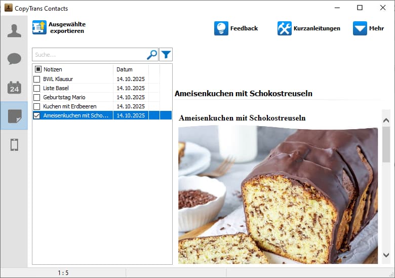 Notizen in CopyTrans Contacts seit iOS 9