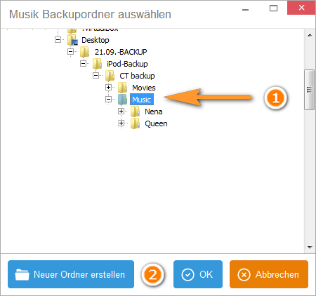 iPhone Musik Backupordner aswählen