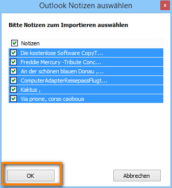 Outlook Notizen zu iPhone kopieren