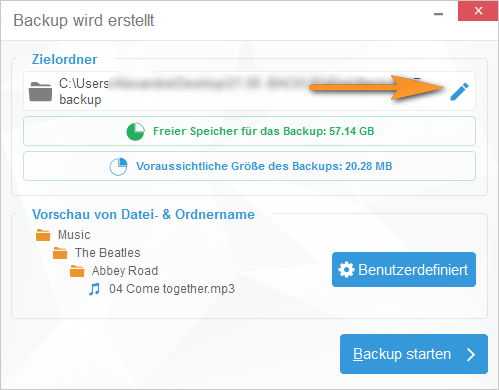 Zielordner für iPhone Musik am PC auswählen