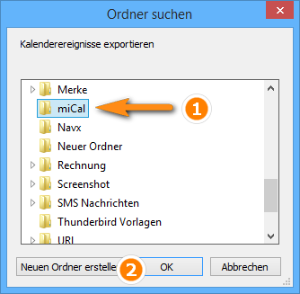 Zielordner am PC auswählen für iOS Kalender