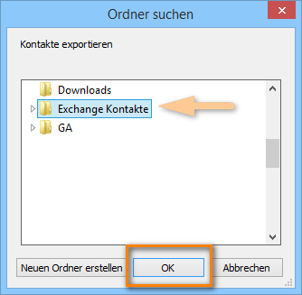 Zielordner für Exchange Kontakte am PC auswählen