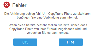Fehler bei der Aktivierung, Internetverbindung benötigz